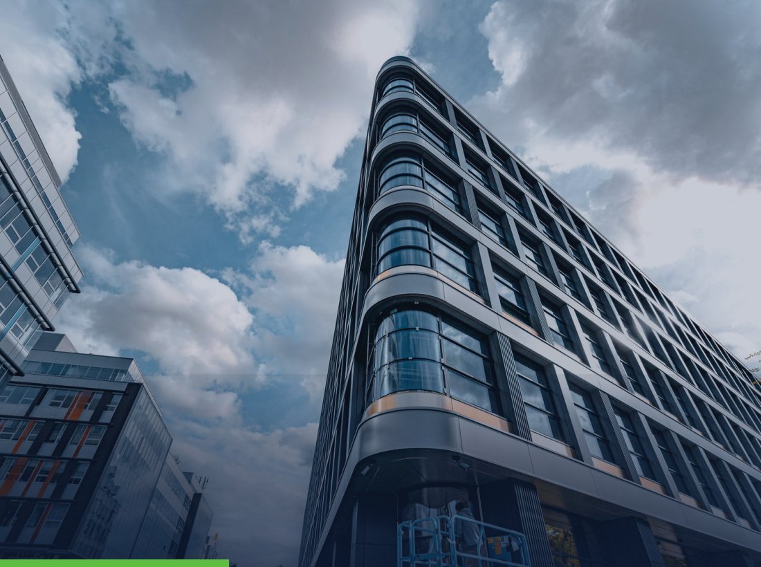 Modern glass office buildings in a business district
